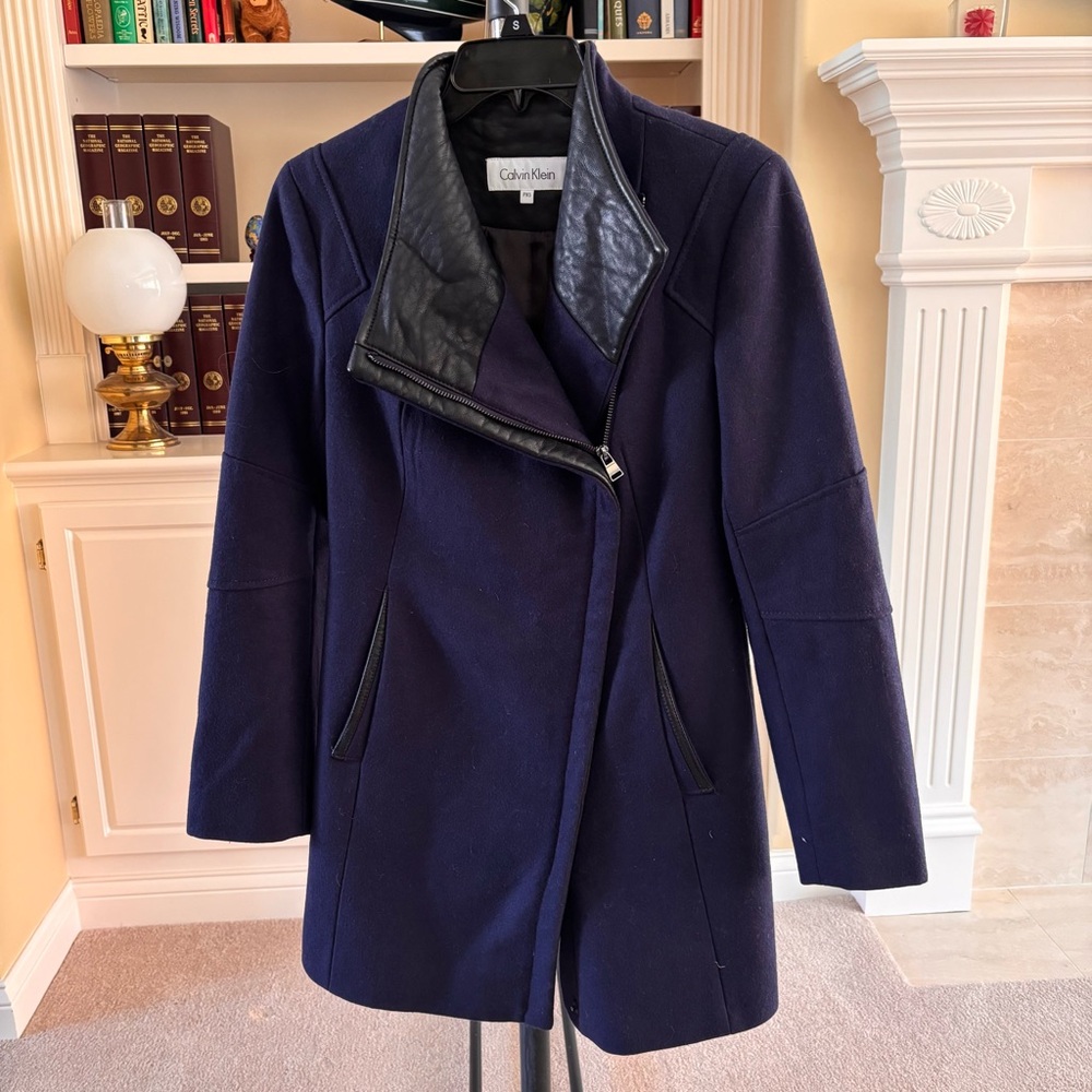 Calvin Klein Womens INDIGO BLUE Wool Coat Asymmetrical Zipper PXS